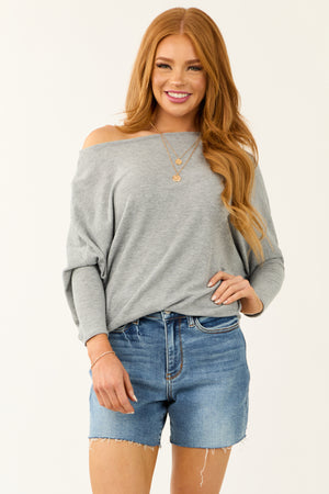 Heathered Grey Round Neck Knit Top with Long Dolman Sleeves