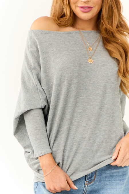 Heathered Grey Round Neck Knit Top with Long Dolman Sleeves