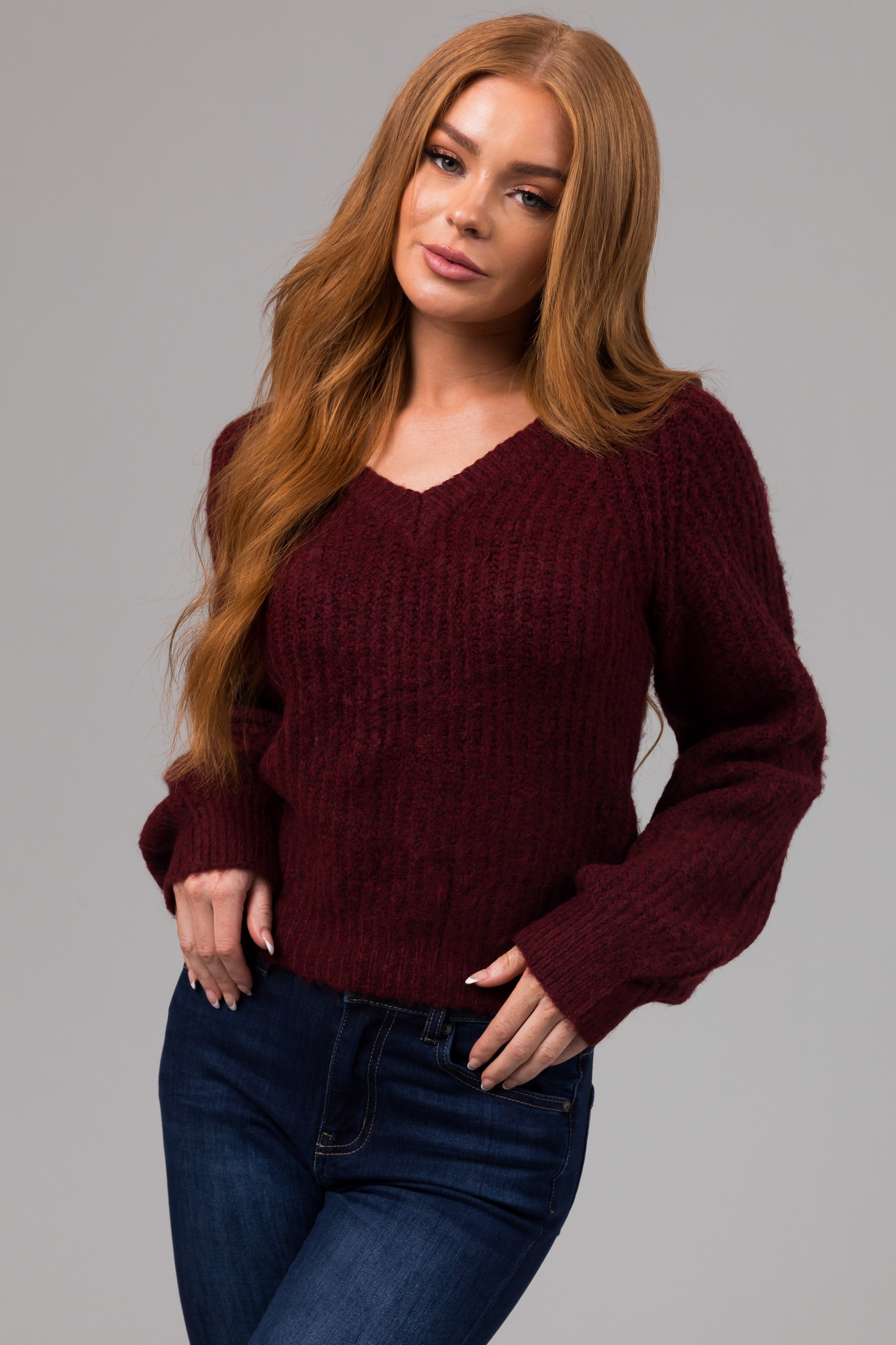 Heathered Maroon V Neck Bubble Sleeve Sweater