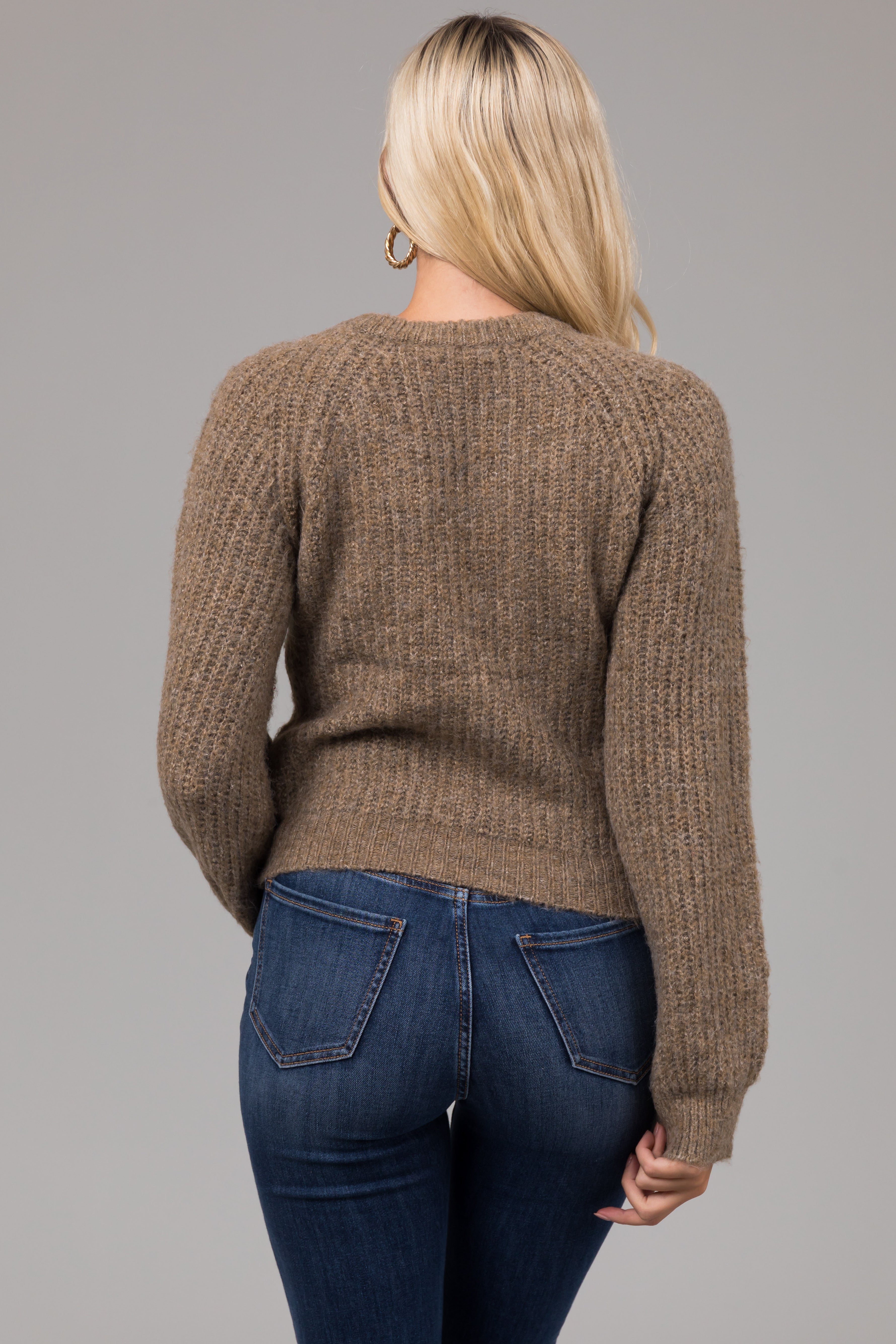 Heathered Peanut V Neck Bubble Sleeve Sweater