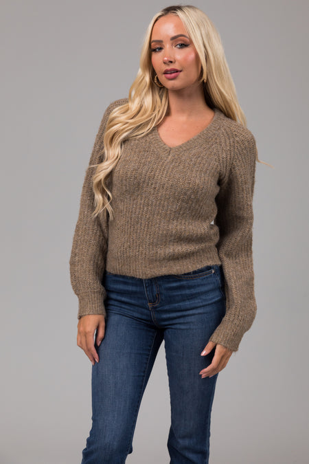 Heathered Peanut V Neck Bubble Sleeve Sweater