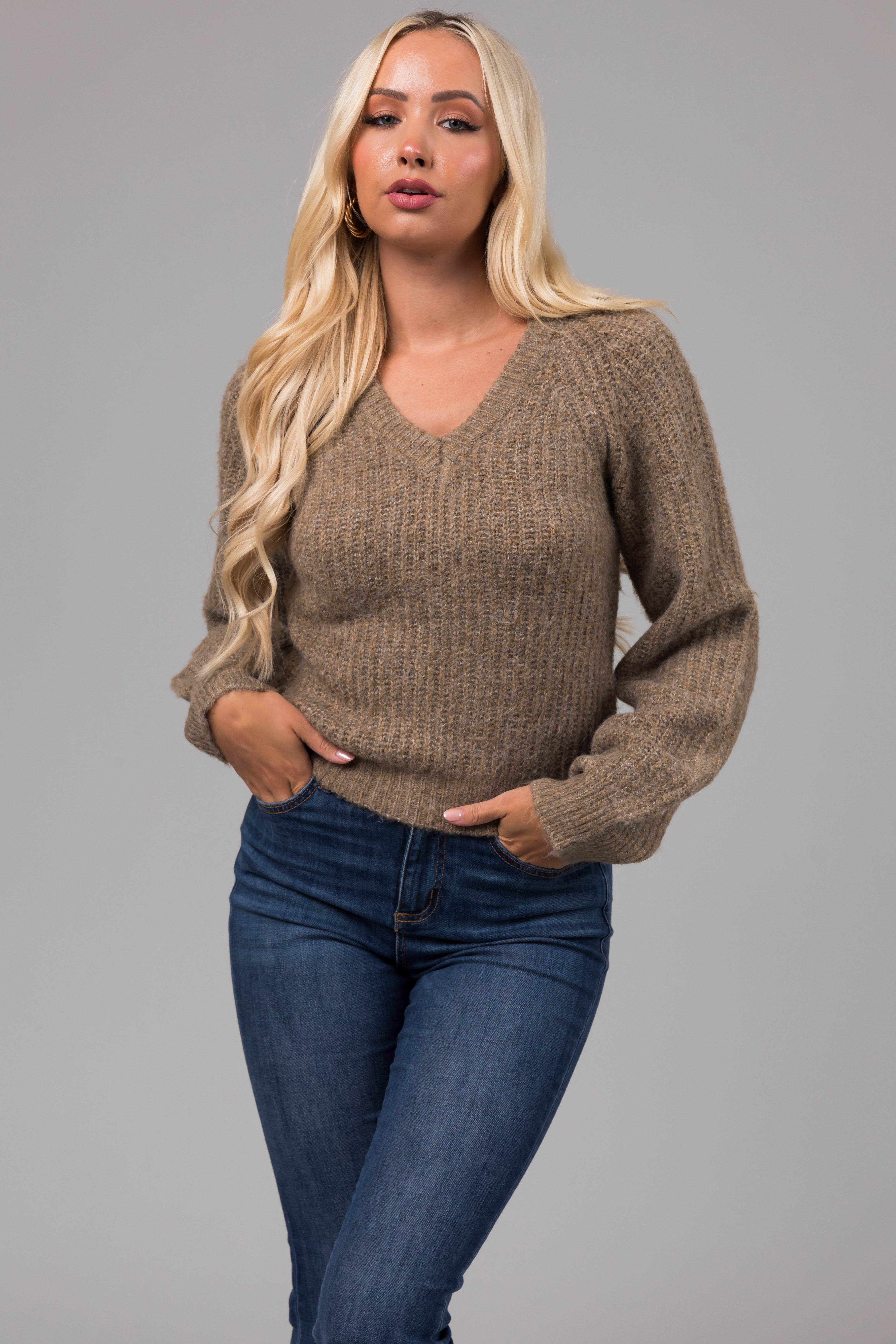 Heathered Peanut V Neck Bubble Sleeve Sweater