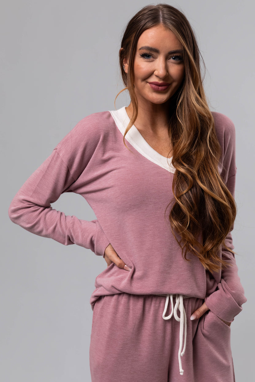 Heathered Rose Contrast V Neck Knit Top