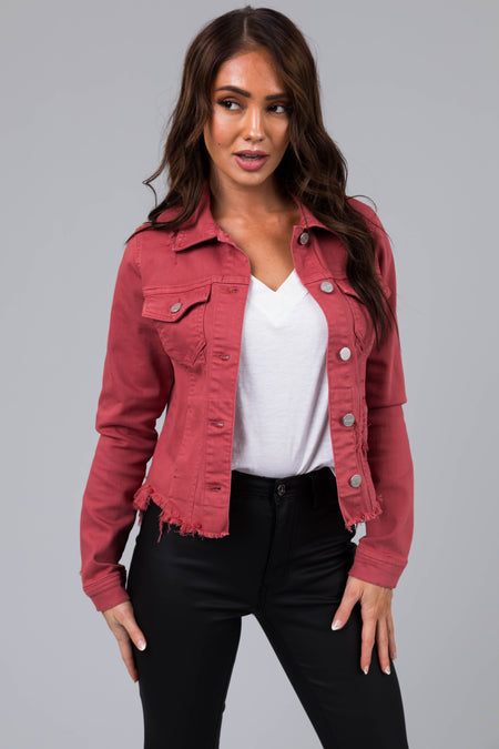 Hibiscus Button Up Distressed Denim Jacket