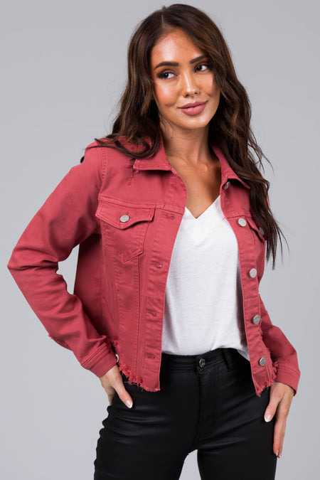 Hibiscus Button Up Distressed Denim Jacket