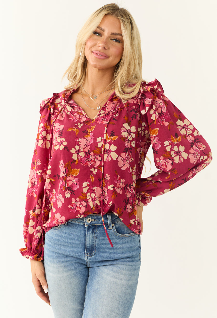 Hibiscus Floral Print Long Sleeve Blouse