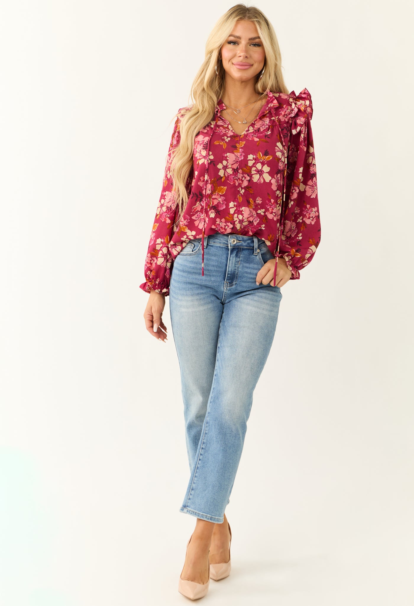 Hibiscus Floral Print Long Sleeve Blouse