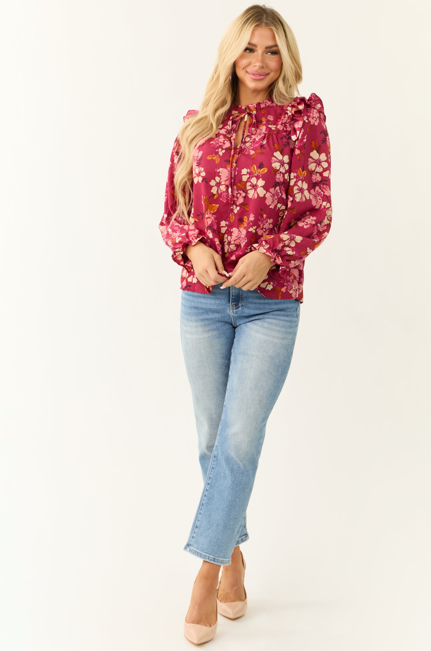 Hibiscus Floral Print Long Sleeve Blouse