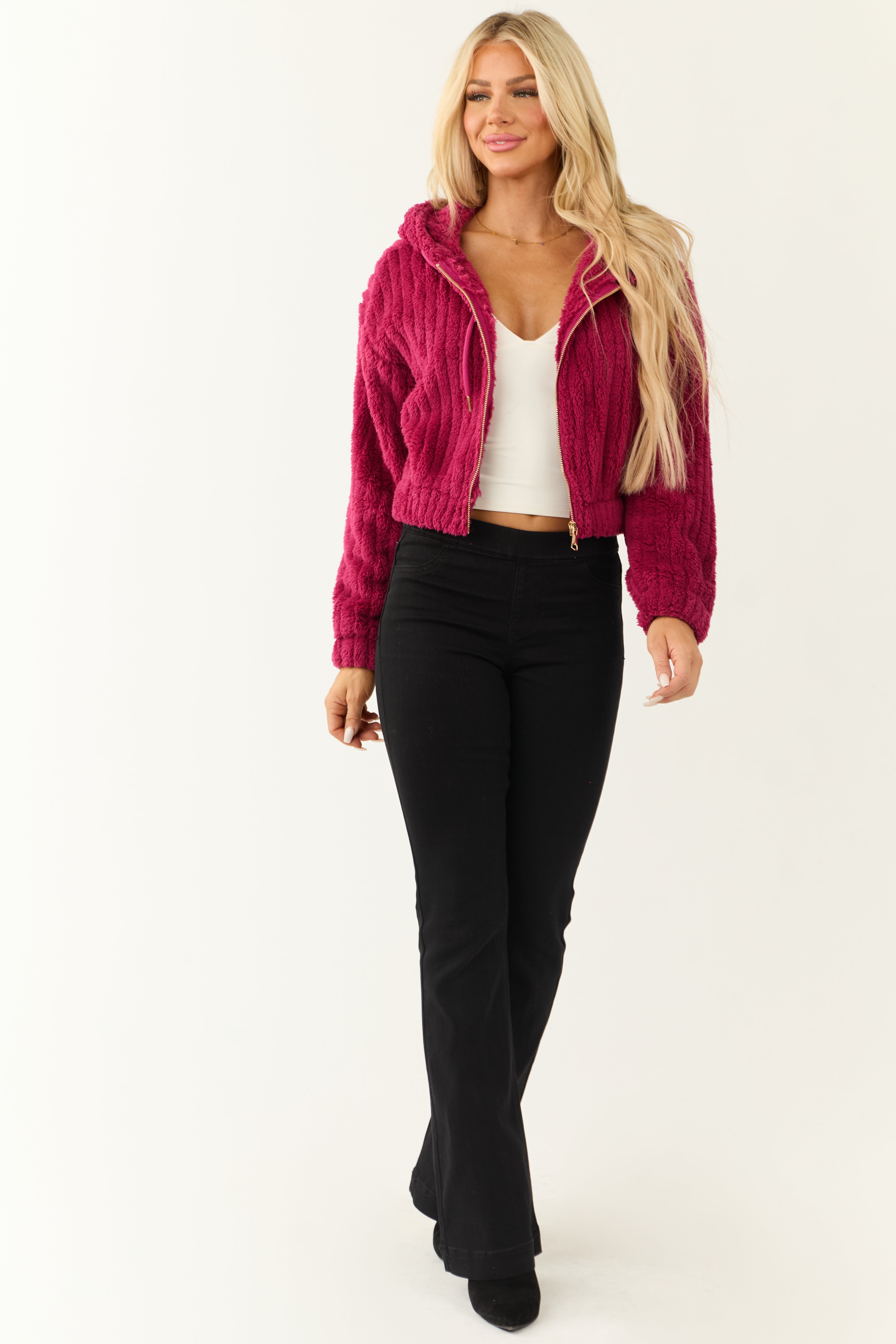 Hibiscus Hooded Ribbed Faux Fur Jacket