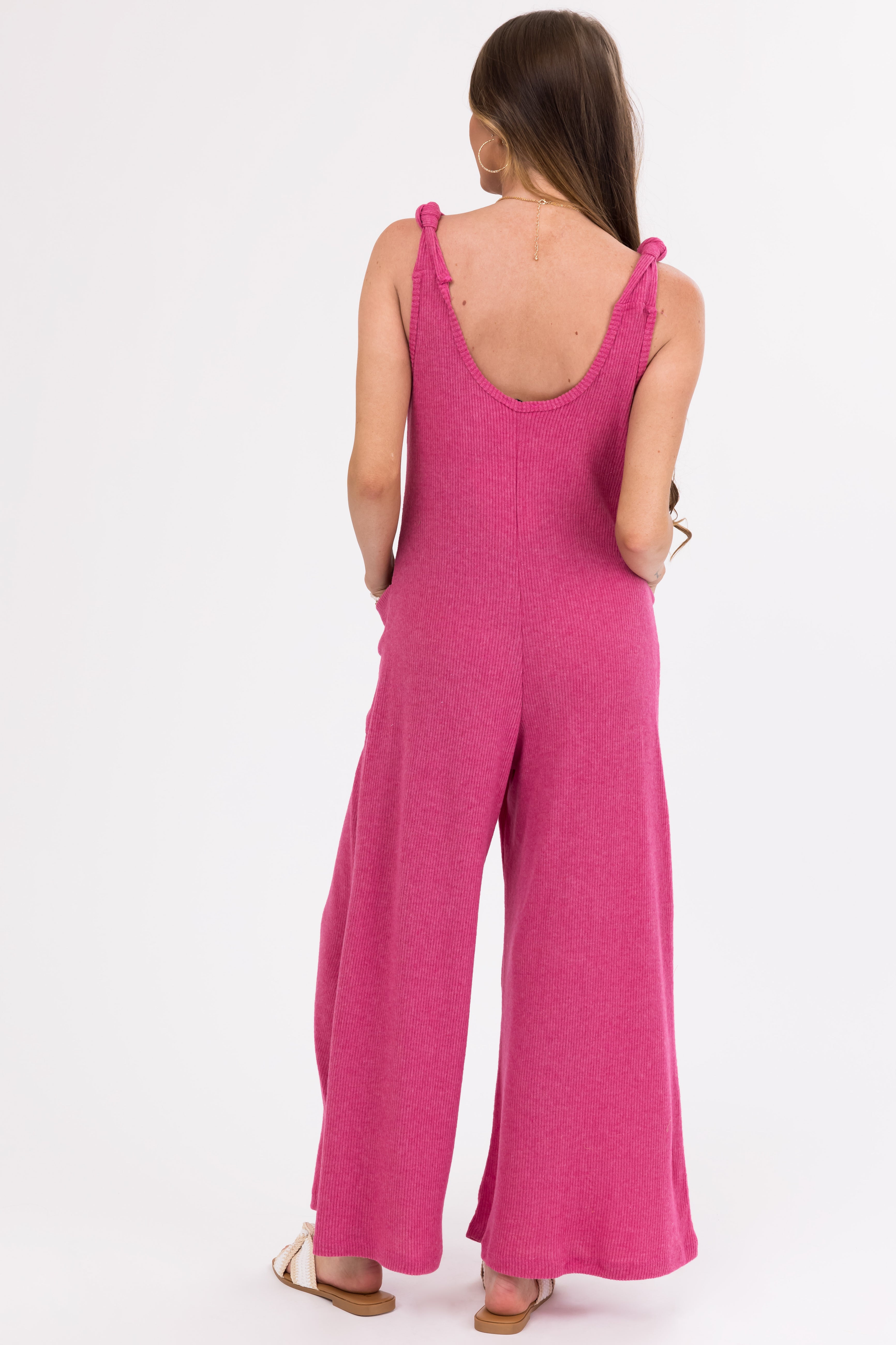 Hibiscus Knot Strap Wide Leg Ribbed Jumpsuit