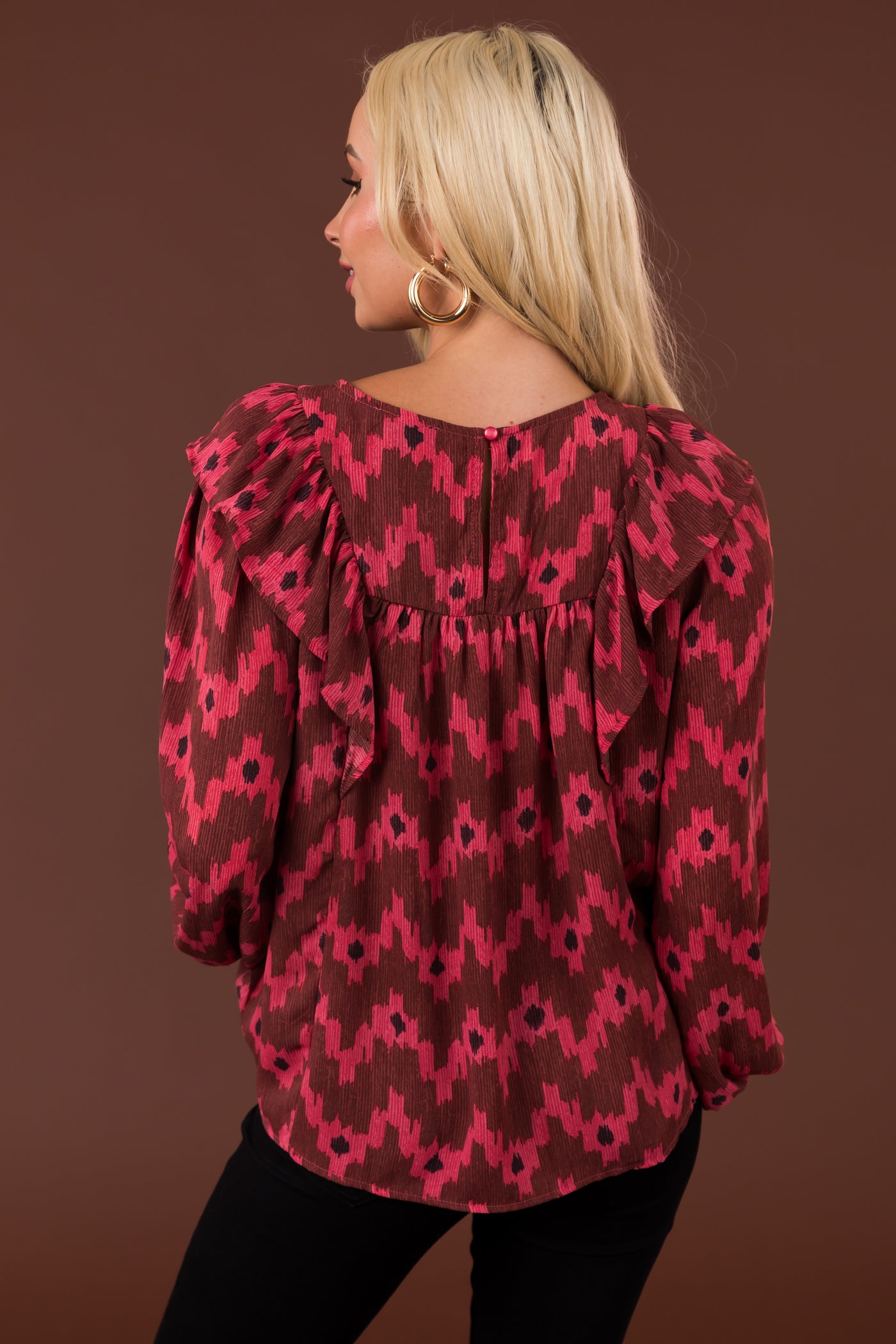 Hibiscus Patterned Blouse with Ruffle Detail