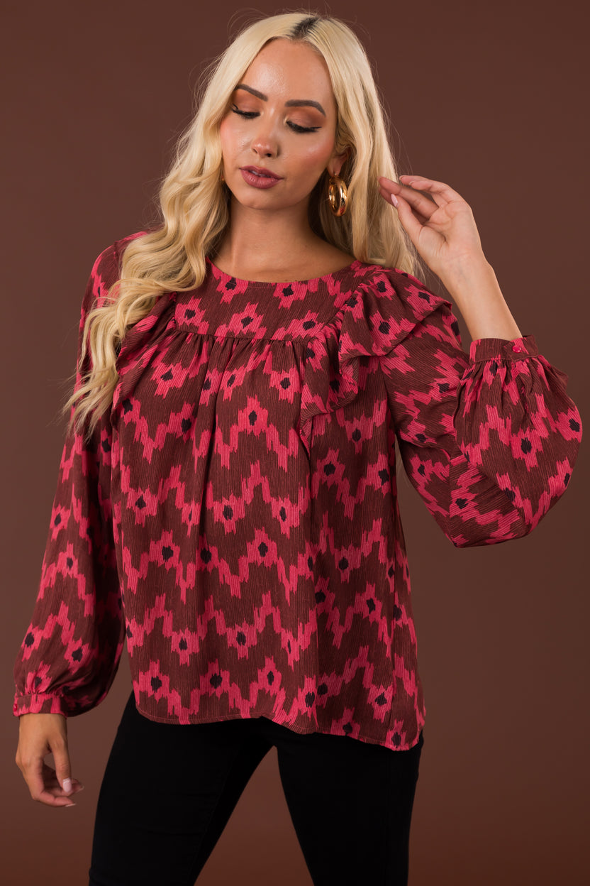 Hibiscus Patterned Blouse with Ruffle Detail