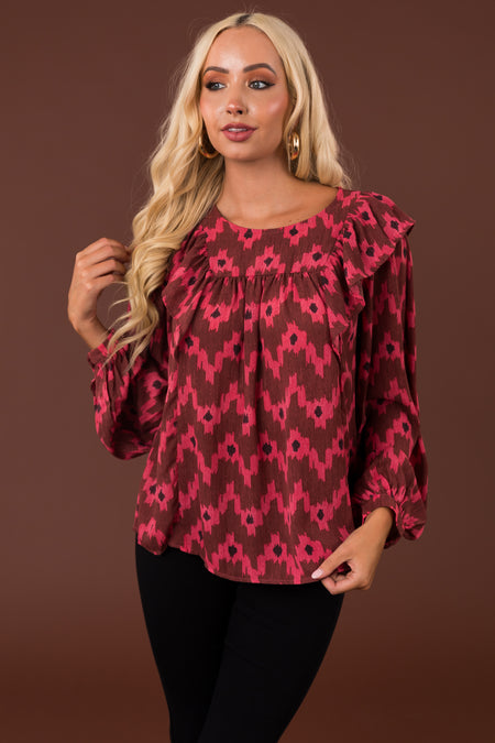 Hibiscus Patterned Blouse with Ruffle Detail