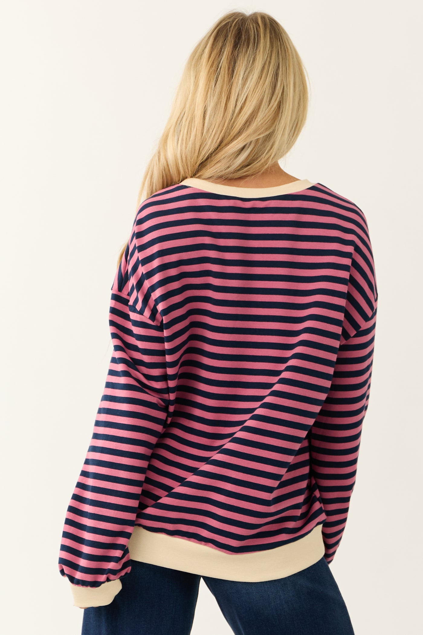 Hibiscus and Navy Striped Contrast Trim Knit Top