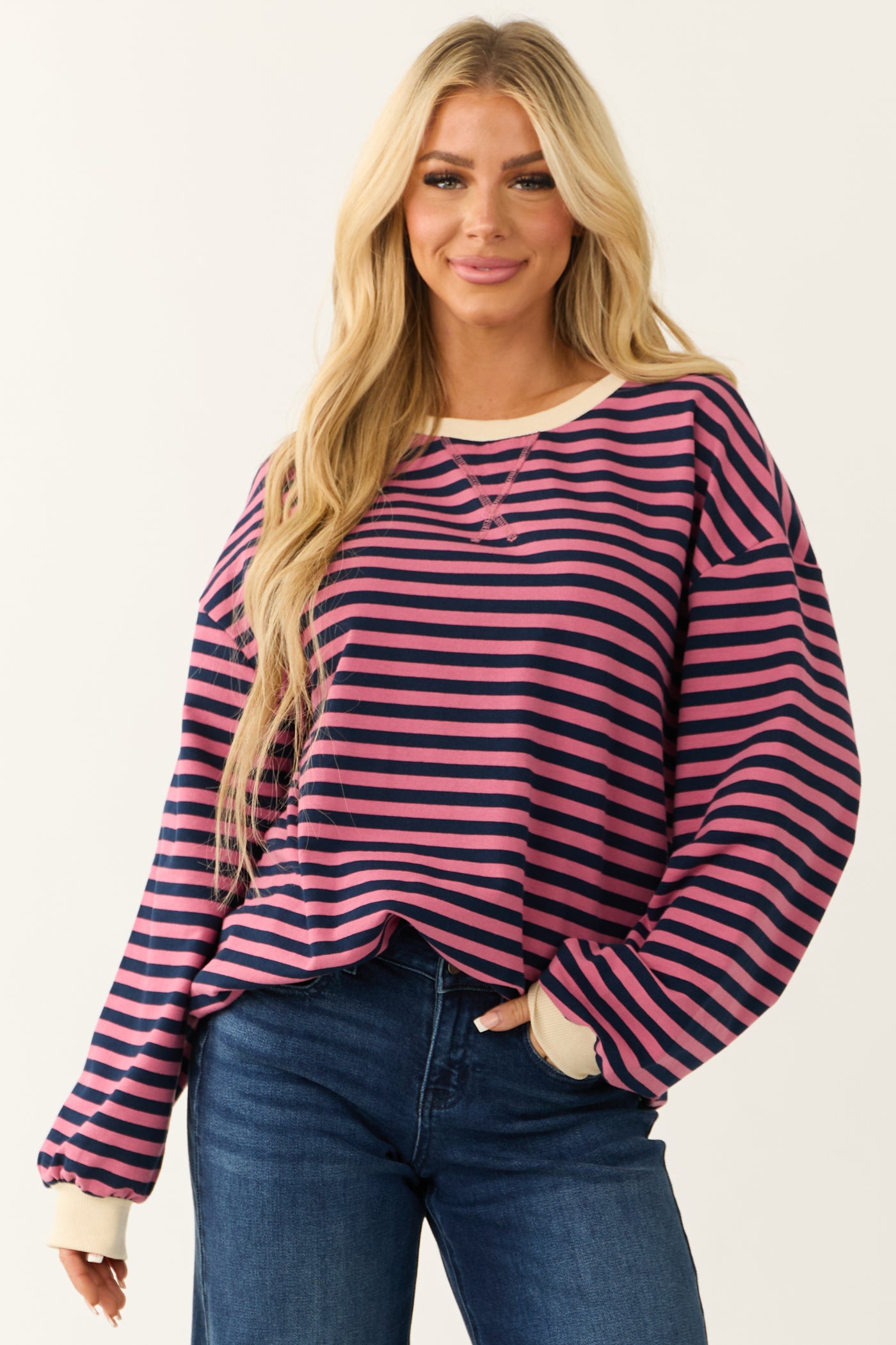 Hibiscus and Navy Striped Contrast Trim Knit Top