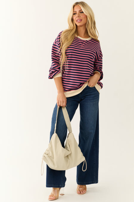 Hibiscus and Navy Striped Contrast Trim Knit Top