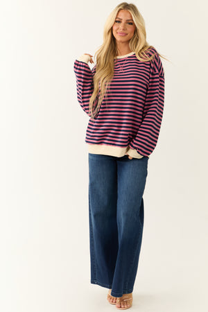 Hibiscus and Navy Striped Contrast Trim Knit Top