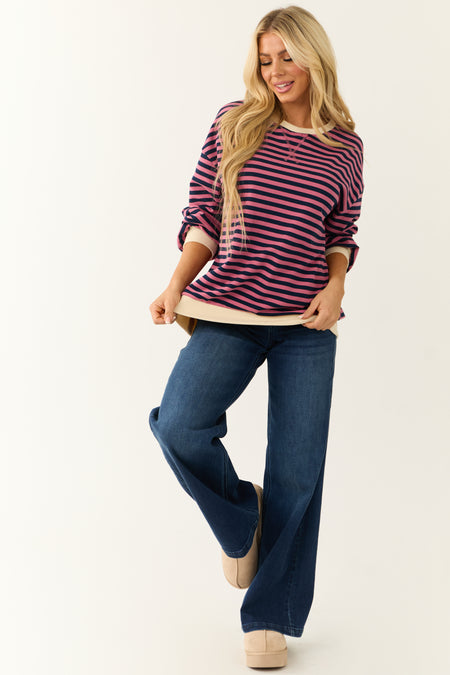 Hibiscus and Navy Striped Contrast Trim Knit Top