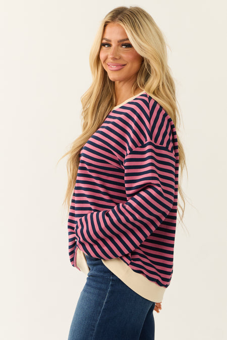 Hibiscus and Navy Striped Contrast Trim Knit Top