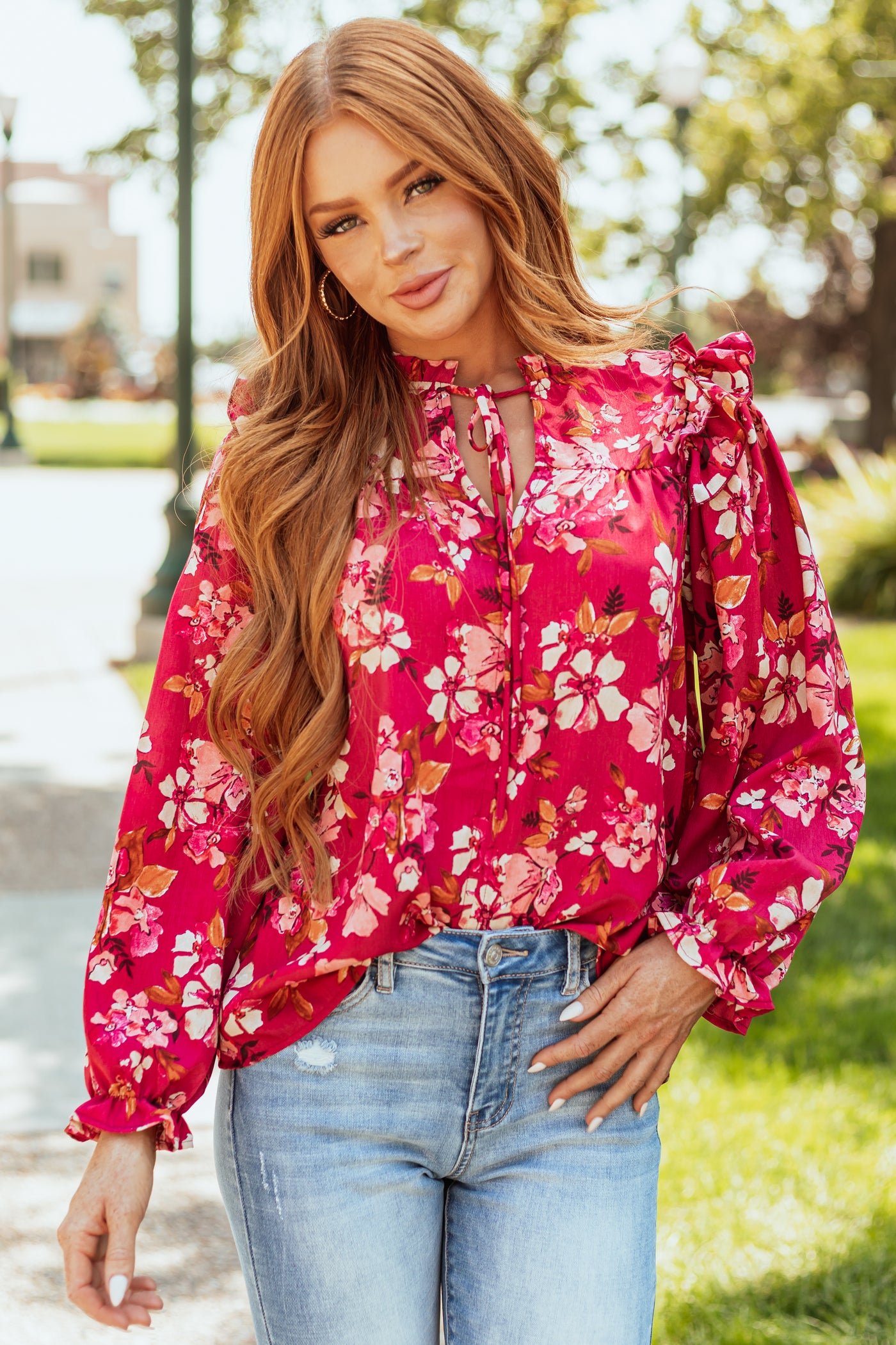 Hibiscus Floral Print Long Sleeve Blouse