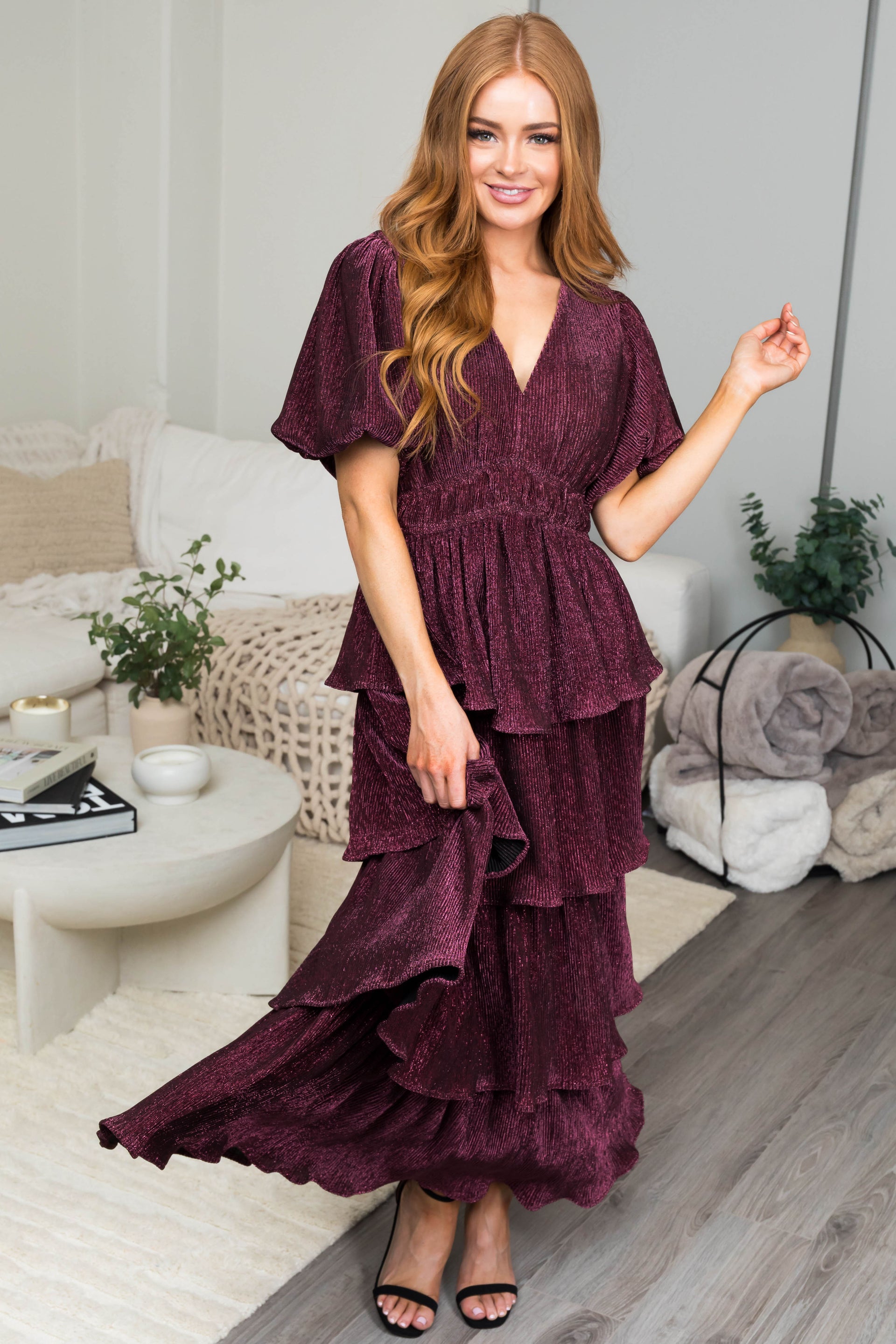 Hibiscus Metallic Thread Tiered Ruffle Maxi Dress