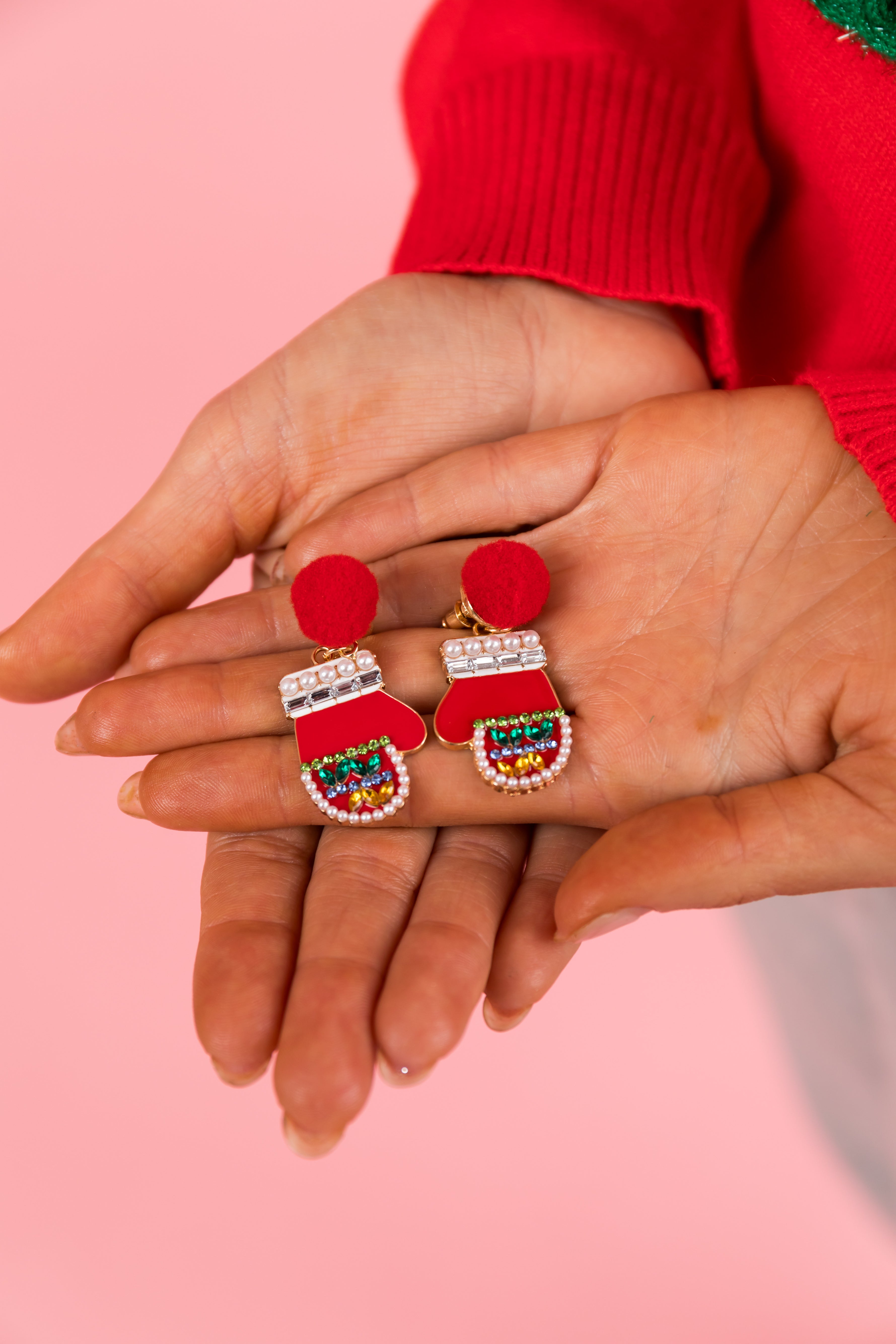 Holiday Red Embellished Mitten Drop Earrings