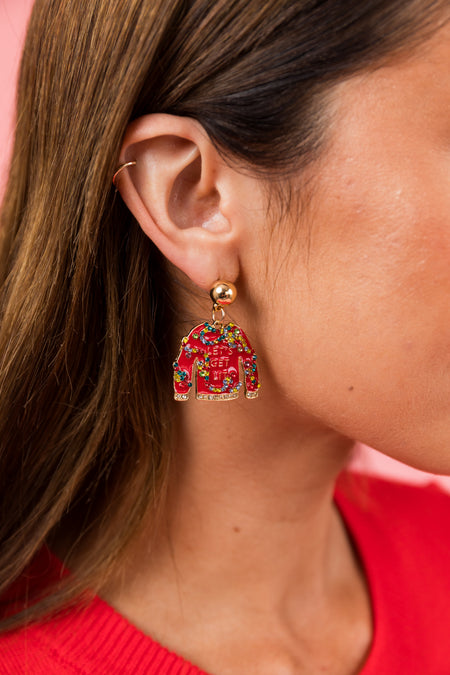 Holiday Red Embellished Sweater Drop Earrings