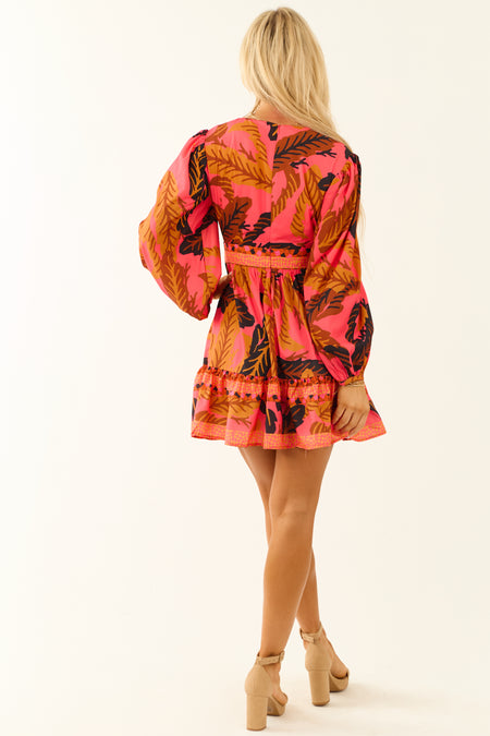 Hot Pink Tropical Palm Print Deep V Neck Mini Dress