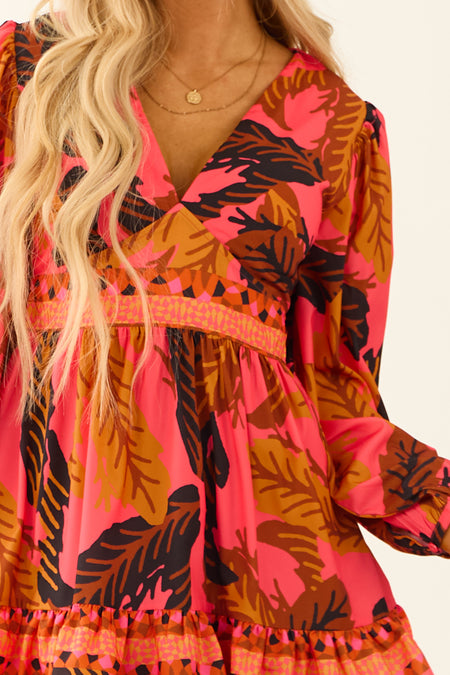 Hot Pink Tropical Palm Print Deep V Neck Mini Dress