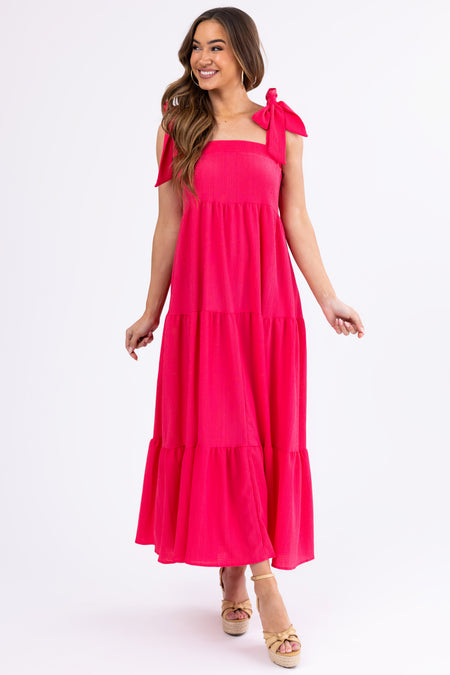 Hot Pink Adjustable Tie Strap Tiered Maxi Dress