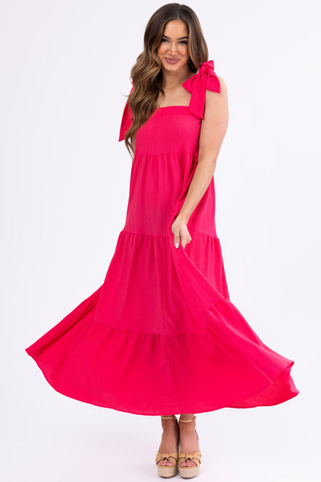 Hot Pink Adjustable Tie Strap Tiered Maxi Dress