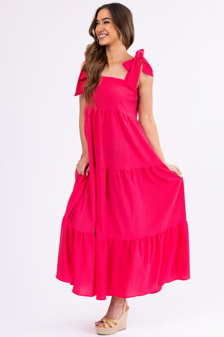 Hot Pink Adjustable Tie Strap Tiered Maxi Dress