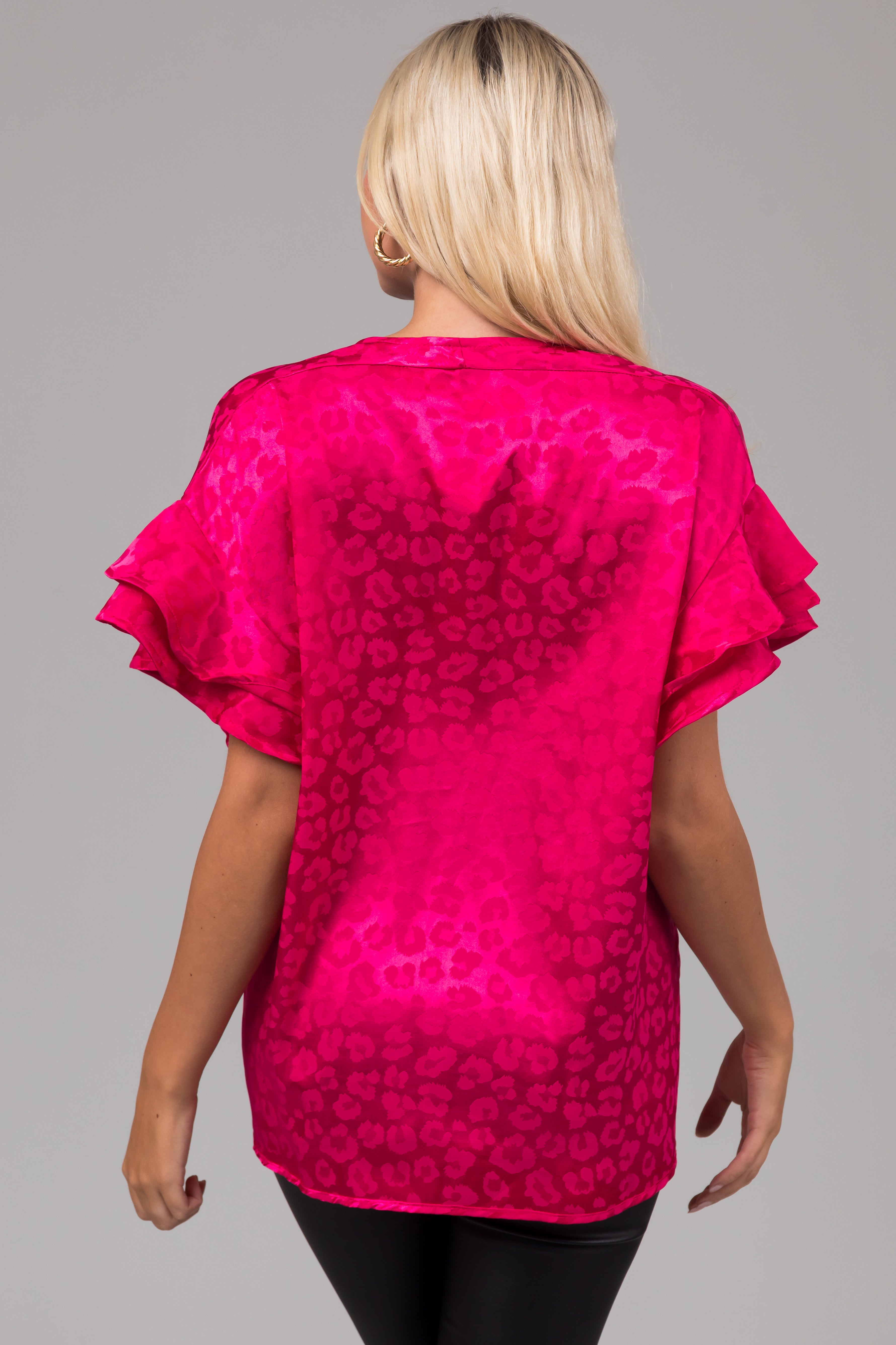 Hot Pink Animal Print Short Ruffle Sleeve Top