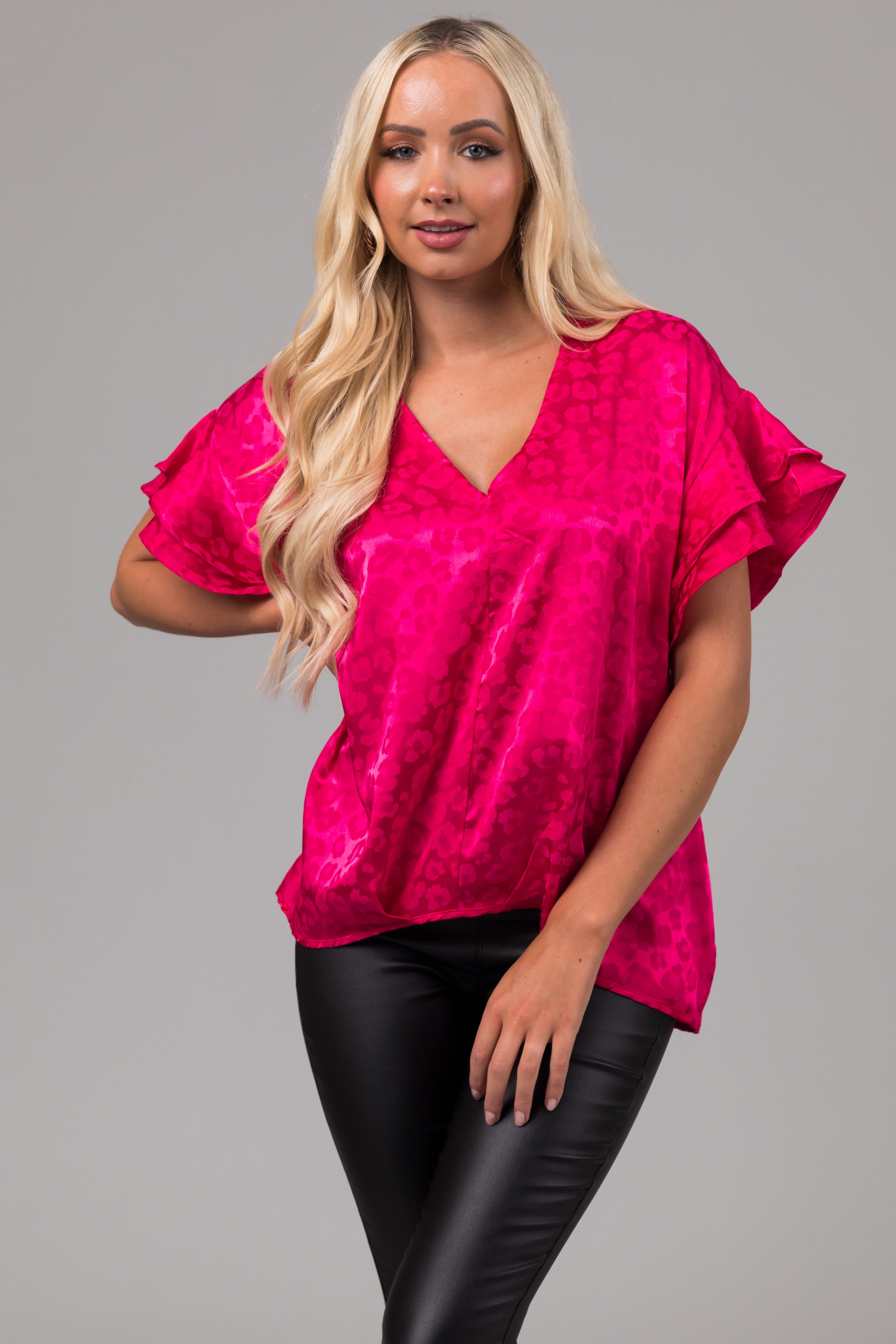 Hot Pink Animal Print Short Ruffle Sleeve Top