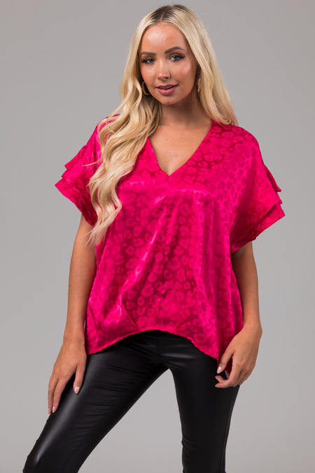 Hot Pink Animal Print Short Ruffle Sleeve Top