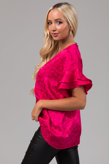 Hot Pink Animal Print Short Ruffle Sleeve Top