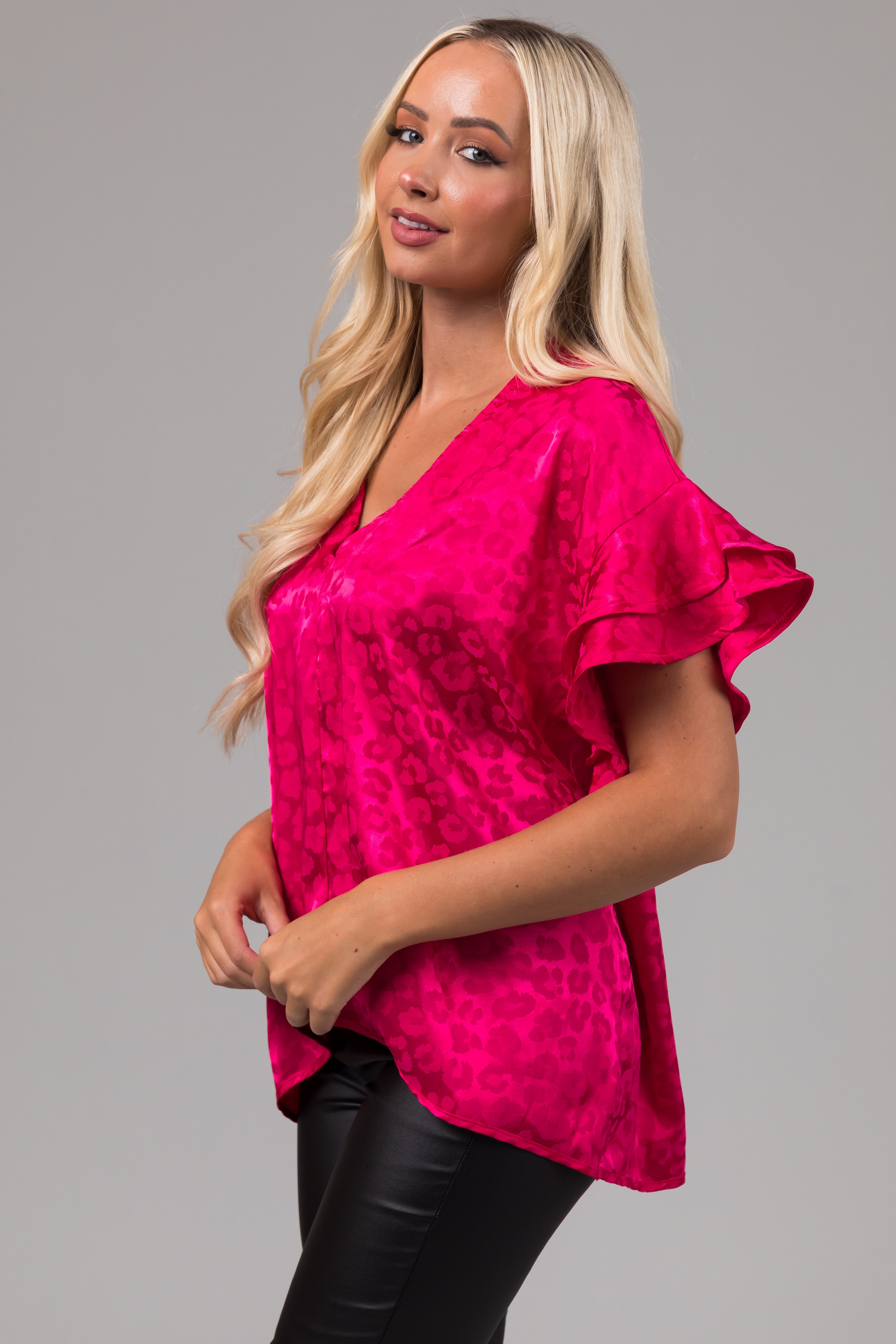 Hot Pink Animal Print Short Ruffle Sleeve Top