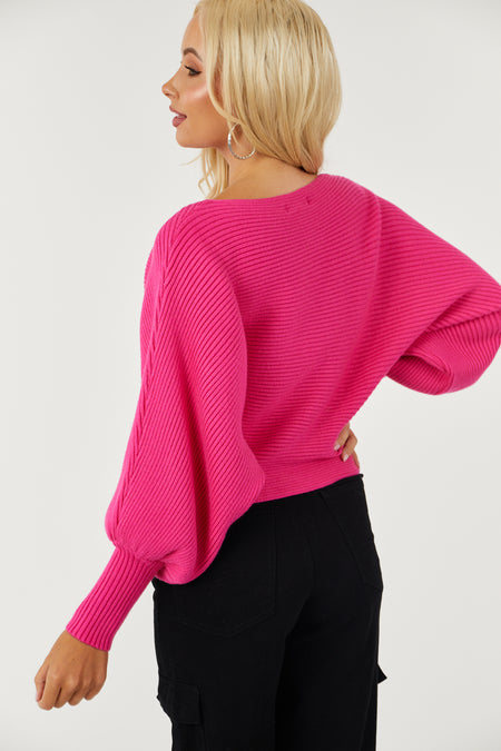 Hot Pink Boat Neckline Dolman Sleeve Sweater