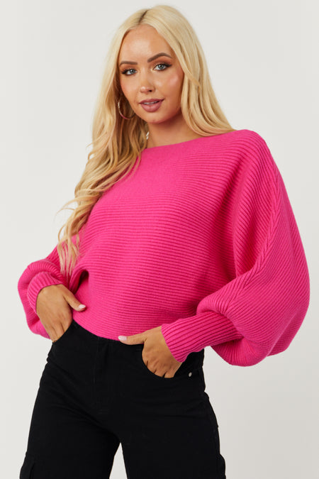 Hot Pink Boat Neckline Dolman Sleeve Sweater