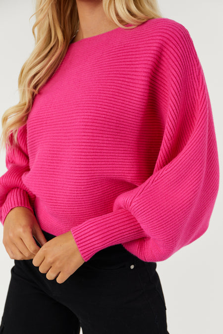 Hot Pink Boat Neckline Dolman Sleeve Sweater