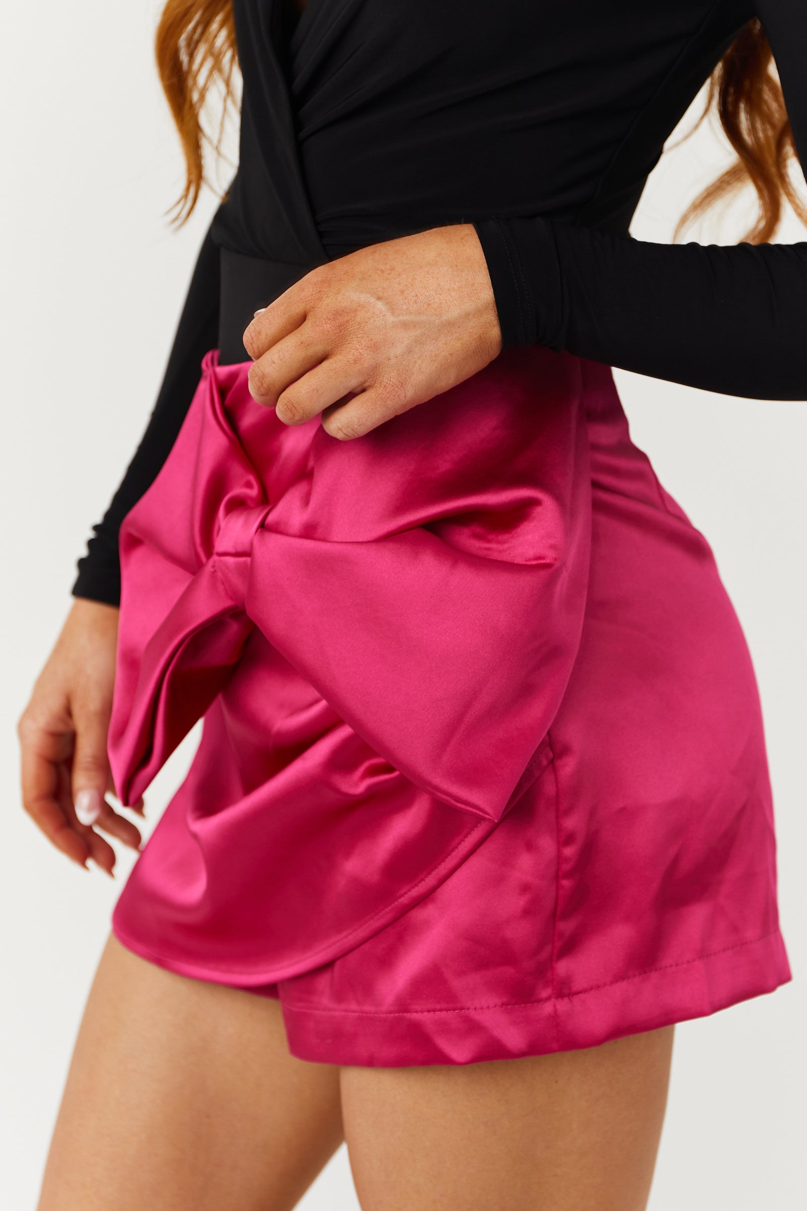 Hot Pink Bow Detail Satin Mini Skort