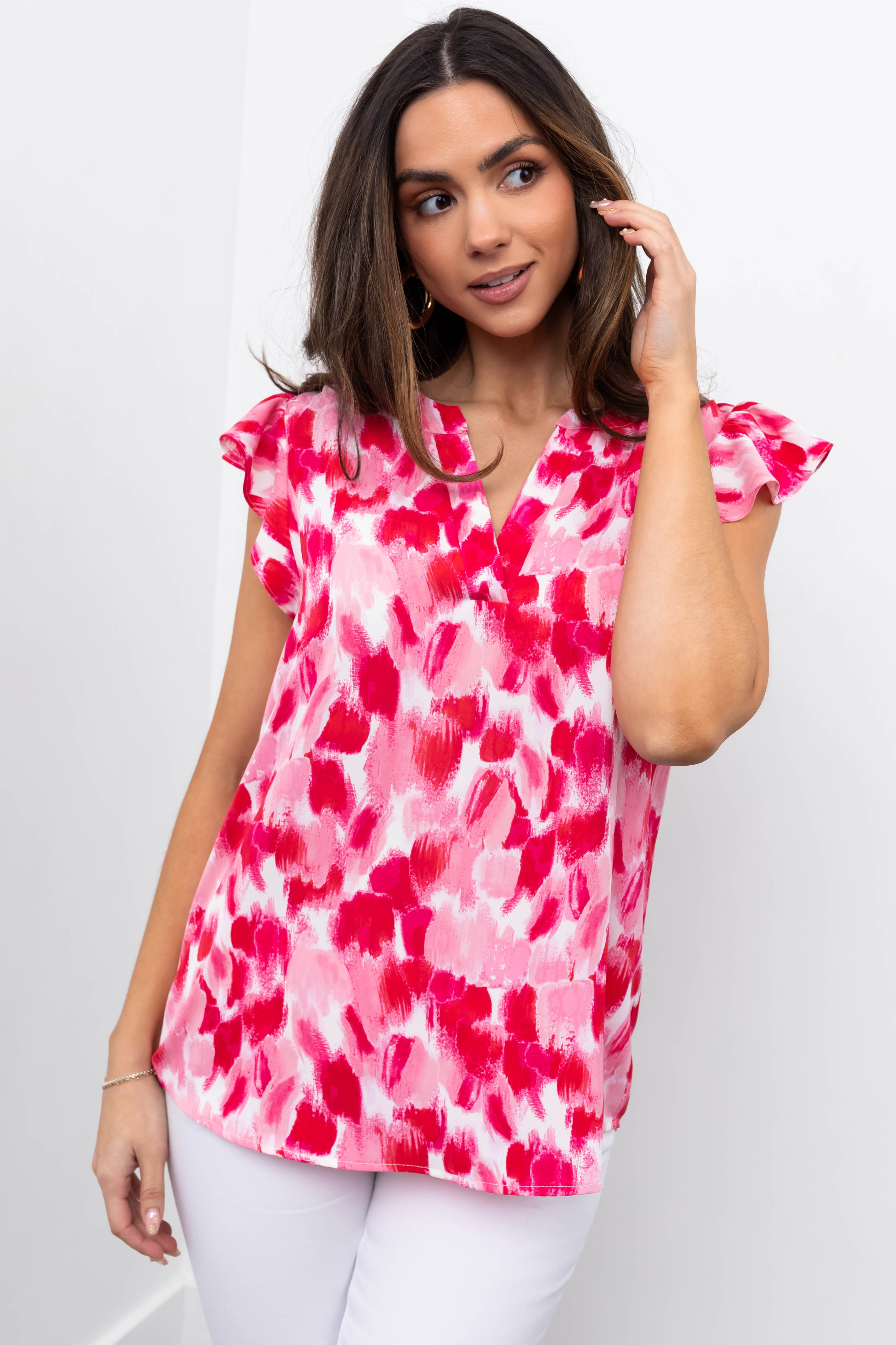 Hot Pink Brush Stroke Notch Neck Ruffle Sleeve Top