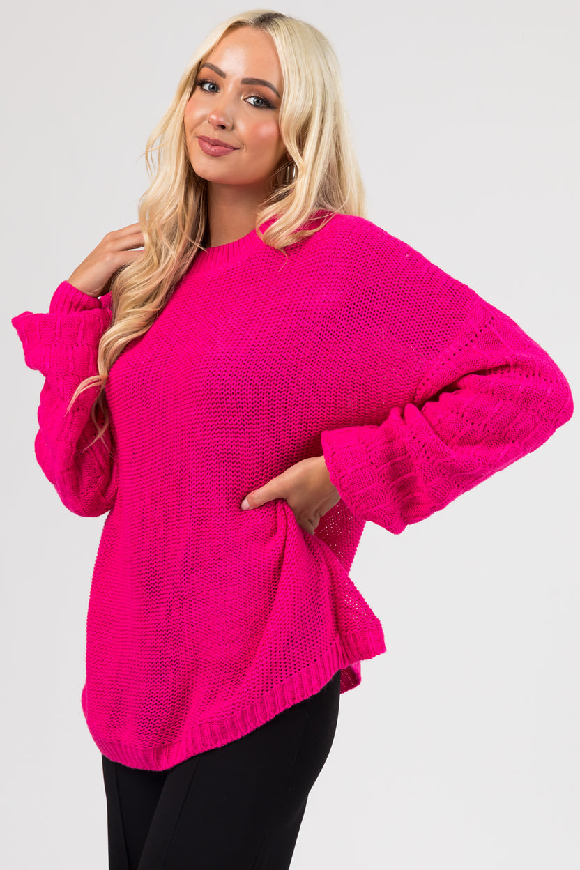 Hot Pink Checkered Textured Sleeve Sweater