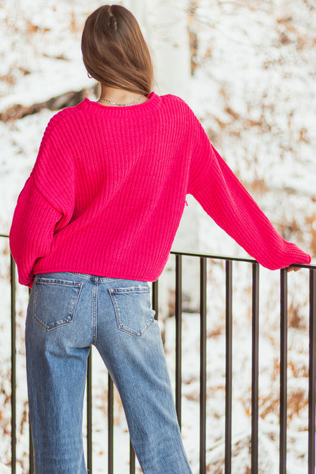 Hot Pink Chenille Rolled Trim Long Sleeve Sweater