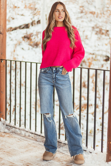 Hot Pink Chenille Rolled Trim Long Sleeve Sweater