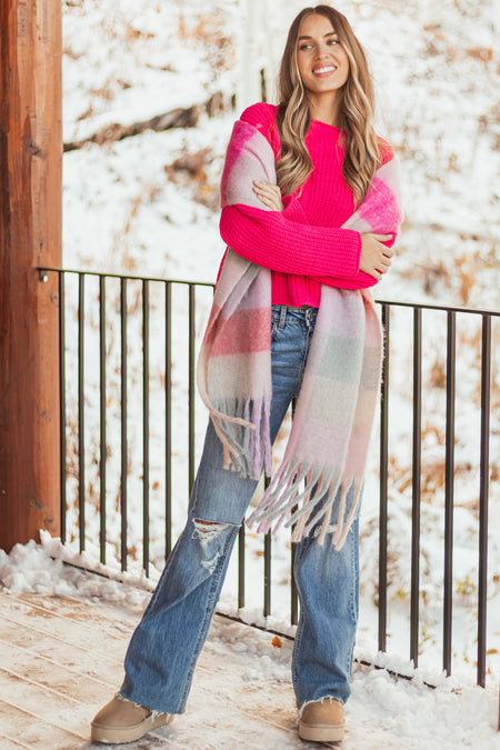 Hot Pink Chenille Rolled Trim Long Sleeve Sweater