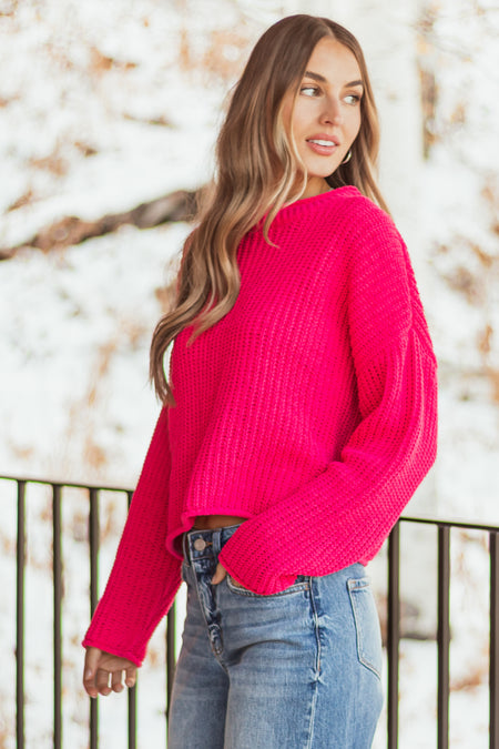 Hot Pink Chenille Rolled Trim Long Sleeve Sweater