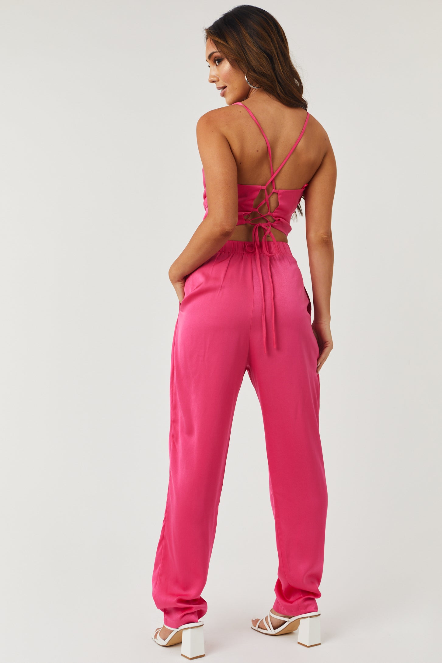 Hot Pink Cowl Neck Satin Crop Top and Pants Set | Lime Lush