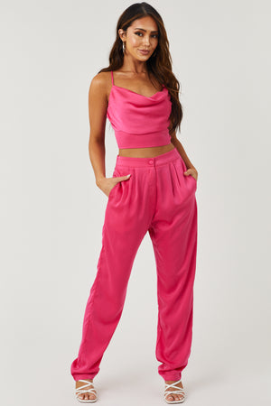 Hot Pink Cowl Neck Satin Crop Top and Pants Set