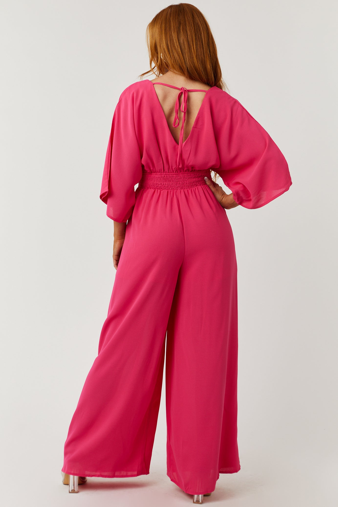 Hot Pink Deep V Neck Wide Leg Woven Jumpsuit